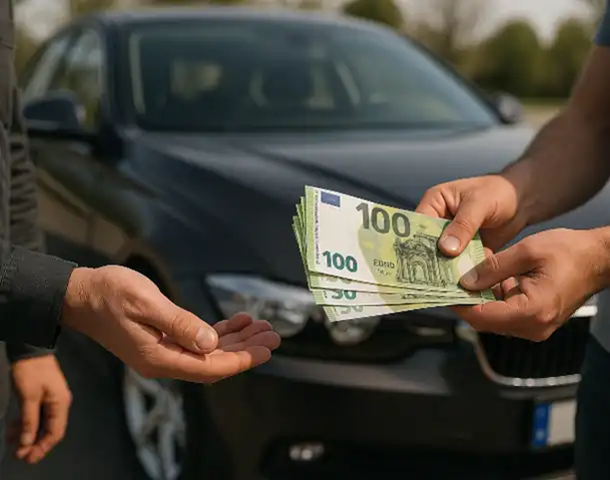Ein Kunde erhält Bargeld beim schnellen und unkomplizierten Autoankauf in Passau.